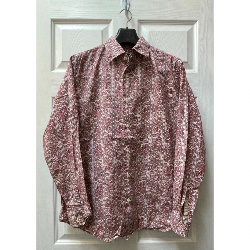 Vintage Banana Republic Men's Medium Red Paisley Striped Cotton Button Up Preppy